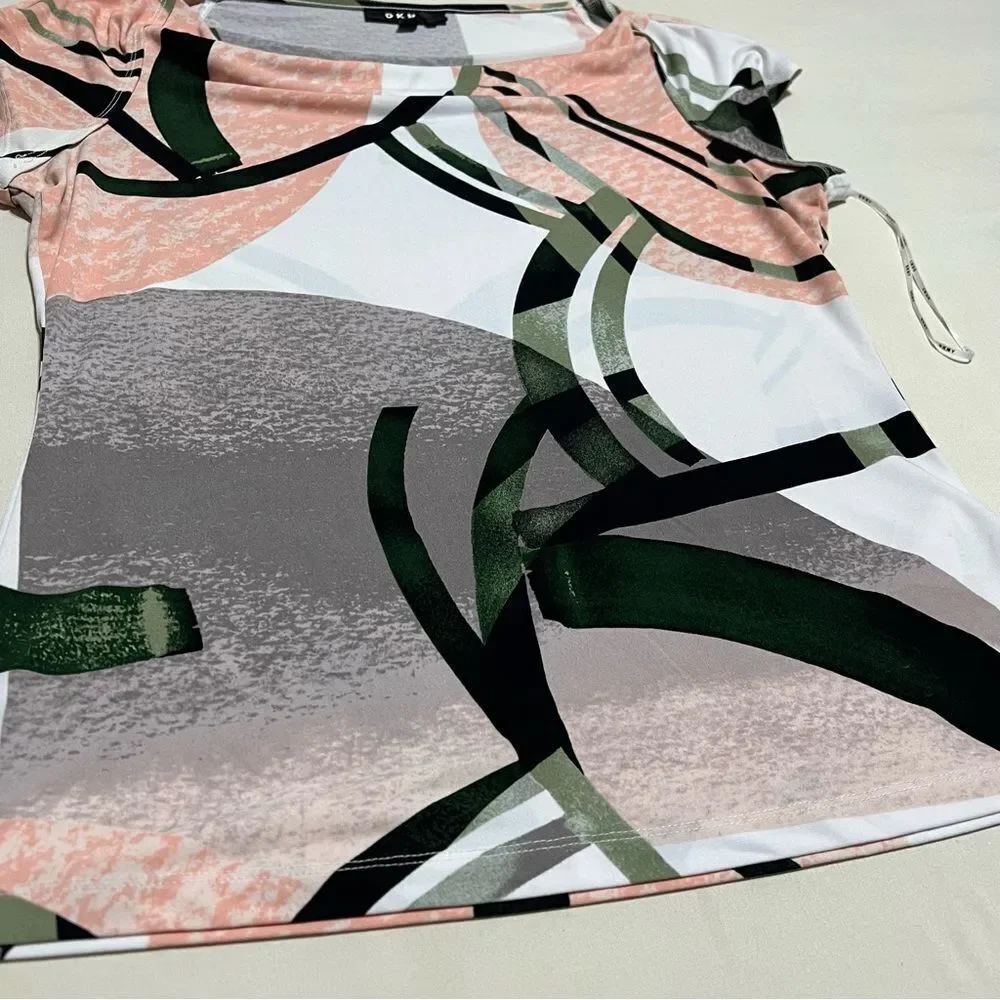 DKNY Women's Top with Pink and Green Abstract Design
